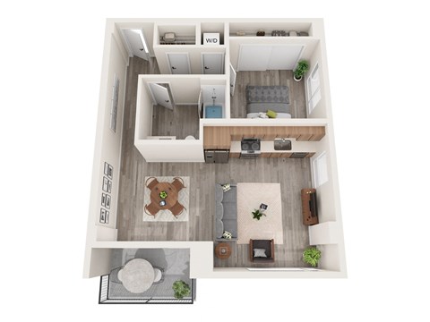 A top-down view of a modern apartment layout.